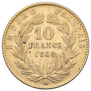 reverse: ESTERE - FRANCIA - Napoleone III (1852-1870) - 10 Franchi 1868 A - Testa laureata Kr. 800.1  (AU g. 3,21). BB