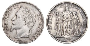 obverse: ESTERE - FRANCIA - Napoleone III (1852-1870) - 5 Franchi 1868 BB - Testa laureata Kr. 799.2  AG Assieme a 5 fr. 1966 - 2 monete. qBB÷qFDC