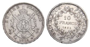 reverse: ESTERE - FRANCIA - Napoleone III (1852-1870) - 5 Franchi 1868 BB - Testa laureata Kr. 799.2  AG Assieme a 5 fr. 1966 - 2 monete. qBB÷qFDC