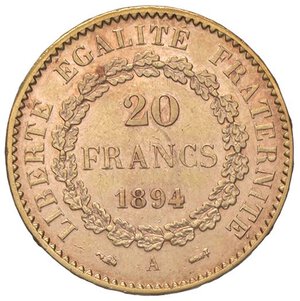 reverse: ESTERE - FRANCIA - Terza Repubblica (1870-1940) - 20 Franchi 1894 Kr. 825  (AU g. 6,45). bello SPL