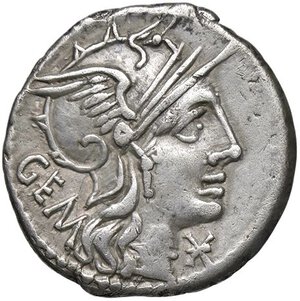 obverse: ROMANE REPUBBLICANE - ABURIA - M. Aburius M. f. Geminus (132 a.C.) - Denario B. 6; Cr. 250/1  (AG g. 3,8). BB/qBB