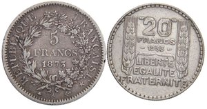 obverse: ESTERE - FRANCIA - Terza Repubblica (1870-1940) - 20 Franchi 1933 Kr. 879  AG Assieme a 5 fr. 1873 - Lotto di 2 monete. med. BB