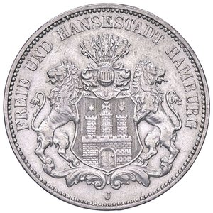 obverse: ESTERE - GERMANIA - AMBURGO - Città Libera  - 3 Marchi 1908 J Kr. 296  AG. qSPL