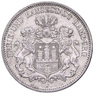 obverse: ESTERE - GERMANIA - AMBURGO - Città Libera  - 3 Marchi 1911 J Kr. 296  AG. bello SPL