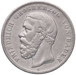 obverse: ESTERE - GERMANIA - BADEN - Federico I Gran Duca (1856-1907) - 5 Marchi 1875 G Kr. 263.1  AG  Colpetto. qBB