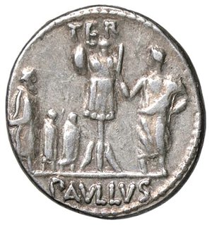 reverse: ROMANE REPUBBLICANE - AEMILIA - L. Aemilius Lepidus Paullus (62 a.C.) - Denario B. 10; Cr. 415/1  (AG g. 3,87). qSPL/BB+