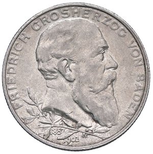 obverse: ESTERE - GERMANIA - BADEN - Federico I Gran Duca (1856-1907) - 2 Marchi 1902 - Per i 50 anni di regno Kr. 271  AG. qSPL/SPL