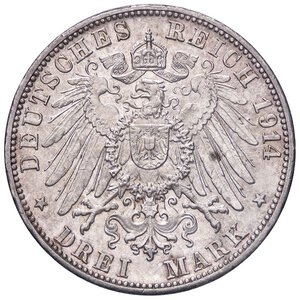 reverse: ESTERE - GERMANIA - BADEN - Federico II (1907-1918) - 3 Marchi 1914 G Kr. 280  AG. SPL+/qFDC