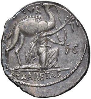 obverse: ROMANE REPUBBLICANE - AEMILIA - M. Aemilius Scaurus e Pub. Plautius Hypsaes (58 a.C.) - Denario B. 8; Cr. 422/1b  (AG g. 3,77) Ben centrato al R/, con delicata patina su fondi brillanti. qSPL/SPL