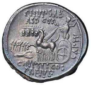 reverse: ROMANE REPUBBLICANE - AEMILIA - M. Aemilius Scaurus e Pub. Plautius Hypsaes (58 a.C.) - Denario B. 8; Cr. 422/1b  (AG g. 3,77) Ben centrato al R/, con delicata patina su fondi brillanti. qSPL/SPL