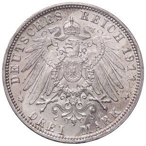 reverse: ESTERE - GERMANIA - BAVIERA - Leopoldo Principe reggente (1886-1912) - 3 Marchi 1911 D Kr. 517  AG. SPL/qFDC