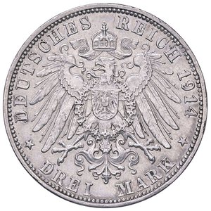 reverse: ESTERE - GERMANIA - BAVIERA - Ludovico III (1913-1918) - 3 Marchi 1914 D Kr. 520  AG. qSPL/SPL