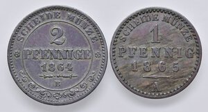 reverse: ESTERE - GERMANIA - SASSONIA - Johann (1854-1873) - 2 Pfennig 1864 B Kr. 1217  CU  Assieme a pfennig 1865 - Lotto di 2 monete. BB+