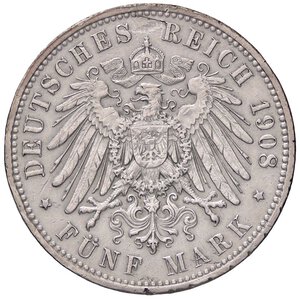 reverse: ESTERE - GERMANIA - SASSONIA - Federico Augusto III (1904-1918) - 5 Marchi 1908 E Kr. 1266  AG  Colpetti. BB