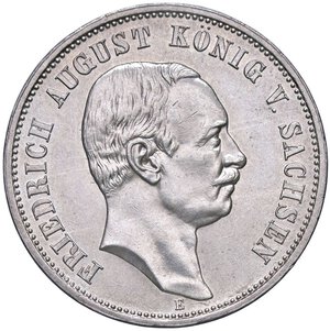 obverse: ESTERE - GERMANIA - SASSONIA - Federico Augusto III (1904-1918) - 3 Marchi 1908 E Kr. 1267  AG. qFDC