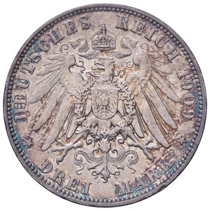 reverse: ESTERE - GERMANIA - SASSONIA - Federico Augusto III (1904-1918) - 3 Marchi 1909 E Kr. 1267  AG. qSPL/SPL+