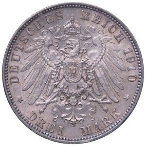 reverse: ESTERE - GERMANIA - SASSONIA - Federico Augusto III (1904-1918) - 3 Marchi 1910 E Kr. 1267  AG. SPL-FDC