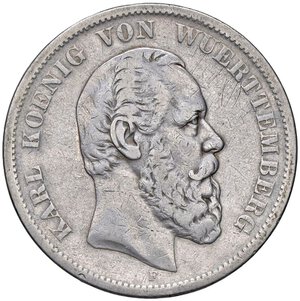 obverse: ESTERE - GERMANIA - WURTTEMBERG - Carlo I (1864-1891) - 5 Marchi 1876 F Kr. 216  AG  Segnetti al ciglio. qBB