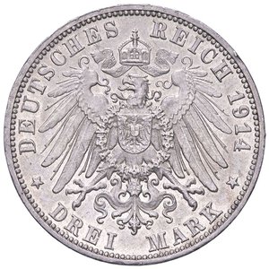 reverse: ESTERE - GERMANIA - WURTTEMBERG - Guglielmo II (1891-1918) - 3 Marchi 1914 F Kr. 635  AG  Colpetto. qFDC