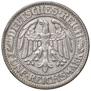 obverse: ESTERE - GERMANIA - Repubblica di Weimar (1919-1933) - 5 Marchi 1929 D Kr. 56  AG  Colpetto. BB+