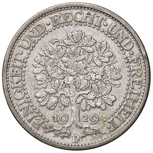 reverse: ESTERE - GERMANIA - Repubblica di Weimar (1919-1933) - 5 Marchi 1929 D Kr. 56  AG  Colpetto. BB+