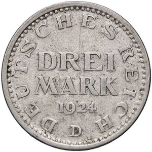 reverse: ESTERE - GERMANIA - Repubblica di Weimar (1919-1933) - 3 Marchi 1924 D Kr. 43  AG. BB