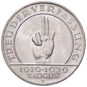 reverse: ESTERE - GERMANIA - Repubblica di Weimar (1919-1933) - 3 Marchi 1929 D - 10° Anniversario Repubblica di Weimar Kr. 63  AG. qSPL