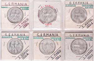 obverse: ESTERE - GERMANIA - Repubblica di Weimar (1919-1933) - 3 Marchi 1922 A E F G J e senza scritta   AL Serie delle 6 monete, in oblò cartonato. SPL÷FDC