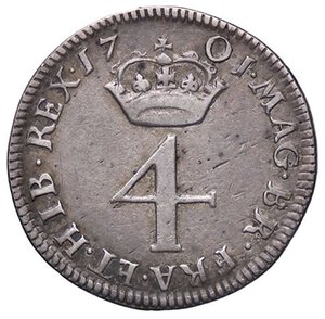 reverse: ESTERE - GRAN BRETAGNA - Guglielmo III (1694-1702) - 4 Pence 1701 Spink 3550  (AG g. 2,15). BB