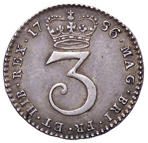 reverse: ESTERE - GRAN BRETAGNA - Giorgio III (1760-1820) - 3 Pence 1786 Spink 3752  AG. qSPL