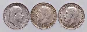 obverse: ESTERE - GRAN BRETAGNA - Edoardo VII (1901-1910) - 3 Pence 1909   AG Assieme a 3 p. 1916 e 1918 - 3 monete. BB÷SPL