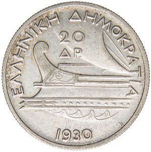 reverse: ESTERE - GRECIA - Repubblica (1924-1934) - 20 Dracme 1930 Kr. 73 NC AG. BB-SPL