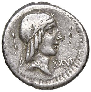 obverse: ROMANE REPUBBLICANE - CALPURNIA - L. Calpurnius Piso Frugi (90 a.C.) - Denario Cr. 340/1  (AG g. 3,7). qBB/BB