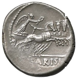 reverse: ROMANE REPUBBLICANE - CARISIA - T. Carisius (46 a.C.) - Denario B. 3; Cr. 464/5  (AG g. 4,24) Porosità. qBB