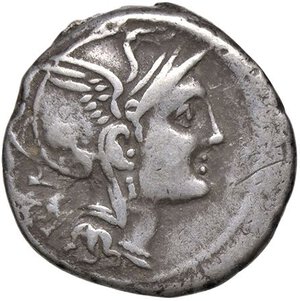 obverse: ROMANE REPUBBLICANE - CLAUDIA - Ap. Claudius Pulcher, T. Manlius Mancinus e Q. Urbinus (111-110 a.C.) - Denario B. 2; Cr. 299/1a  (AG g. 4). qBB