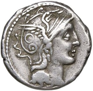 obverse: ROMANE REPUBBLICANE - CLAUDIA - C. Claudius Pulcher (110-109 a.C.) - Denario B. 1; Cr. 300/1  (AG g. 3,86). BB