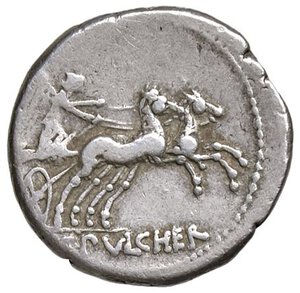 reverse: ROMANE REPUBBLICANE - CLAUDIA - C. Claudius Pulcher (110-109 a.C.) - Denario B. 1; Cr. 300/1  (AG g. 3,86). BB