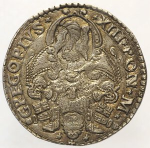 reverse: Gregorio XIII (1572-1585). ANCONA Testone 1557. Ser. 541; Munt. 232. Tipiche screpolature di conio, bella patina AG 9,6 g. qSPL