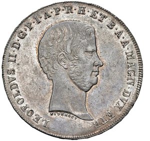 obverse: FIRENZE - LEOPOLDO II (1824-1859) - Francescone 1859
Argento - 27,38 gr.
Dritto: Testa nuda adulta a destra. - Rovescio: Stemma coronato su croce di S. Stefano ed il Collare del Toson d oro.
Gigante 25
Gradevole esemplare con bella patina di vecchia raccolta su fondi lucenti.
SPL/m.SPL