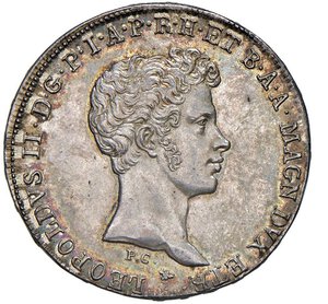 obverse: FIRENZE - LEOPOLDO II (1824-1859) - Mezzo francescone 1828
Argento - 13,72 gr.
Dritto: Testa nuda giovanile a destra. - Rovescio: Stemma coronato con Collare del Toson d Oro, su croce di S. Stefano e due bandiere decussate.
Gigante 27
Bellissimo esemplare con patina iridescente su fondi lucenti.
q.FDC