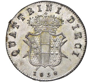 reverse: FIRENZE - LEOPOLDO II (1824-1859) - 10 quattrini 1858, II tipo
Mistura - 1,85 gr.
Dritto: Testa nuda adulta a destra; - Rovescio: Stemma coronato su croce di S. Stefano.
Gigante 67
SPL/FDC