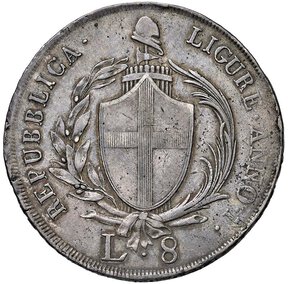 obverse: GENOVA - REPUBBLICA LIGURE (1798-1805) - 8 lire 1798, an. I
Argento - 33,21 gr.
Dritto: Stemma di Genova, su fascio sormontato da pileo, tra un ramo di lauro ed uno di palma; - Rovescio: Due figure abbracciate, che sostengono un asta sormontata da pileo ed un archipenzolo. 
Gigante 11   Raro
Usuali difetti di tondello
Si allega elegante cartellino manoscritto di vecchia raccolta.
BB