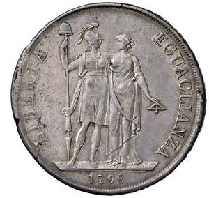 reverse: GENOVA - REPUBBLICA LIGURE (1798-1805) - 8 lire 1798, an. I
Argento - 33,21 gr.
Dritto: Stemma di Genova, su fascio sormontato da pileo, tra un ramo di lauro ed uno di palma; - Rovescio: Due figure abbracciate, che sostengono un asta sormontata da pileo ed un archipenzolo. 
Gigante 11   Raro
Usuali difetti di tondello
Si allega elegante cartellino manoscritto di vecchia raccolta.
BB