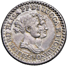 obverse: LUCCA - ELISA BONAPARTE E FELICE BACIOCCHI (1805-1814) - 1 franco 1808
Argento - 4,97 gr.
Dritto: Busti accollati a destra; - Rovescio: Iscrizione tra rami di lauro legati in basso
Gigante 10a   Raro
BB