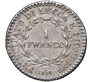 reverse: LUCCA - ELISA BONAPARTE E FELICE BACIOCCHI (1805-1814) - 1 franco 1808
Argento - 4,97 gr.
Dritto: Busti accollati a destra; - Rovescio: Iscrizione tra rami di lauro legati in basso
Gigante 10a   Raro
BB