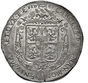 obverse: MANTOVA - CARLO I GONZAGA (1627-1637) - Mezzo ducatone da 80 soldi
Argento - 15,25 gr.
Dritto: Stemma coronato con collare; - Rovescio: Il Beato Luigi Gonzaga nimbato, genuflesso, in adorazione.
MIR 627   Raro
Magnifico esemplare, ben impresso e pressoché privo delle usuali debolezze di conio. Tra i migliori osservati.
q.FDC