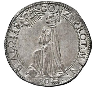 reverse: MANTOVA - CARLO I GONZAGA (1627-1637) - Mezzo ducatone da 80 soldi
Argento - 15,25 gr.
Dritto: Stemma coronato con collare; - Rovescio: Il Beato Luigi Gonzaga nimbato, genuflesso, in adorazione.
MIR 627   Raro
Magnifico esemplare, ben impresso e pressoché privo delle usuali debolezze di conio. Tra i migliori osservati.
q.FDC