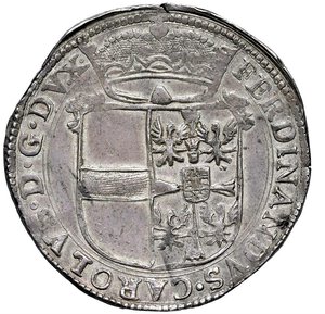 obverse: MANTOVA - FERDINANDO CARLO GONZAGA NEVERS (1669-1707) - Scudo 1678
Argento - 22,01 gr.
Dritto: Stemma bipartito d¿Absburgo e Gonzaga; nel giro interno della corona, il monte Olimpo; - Rovescio: Croce trilobata, accantonata da gigli di Francia, rosa di Nevers, pettini di Réthel e leone di Charleville, il tutto entro cornice d¿archi. 
MIR 729/2   Raro
Esemplare di qualità inusuale, con bella patina e dal modulo ampio e regolare.
Ottimo SPL-FDC
Ex Astarte XX, del 30 ottobre 2009, lotto 314