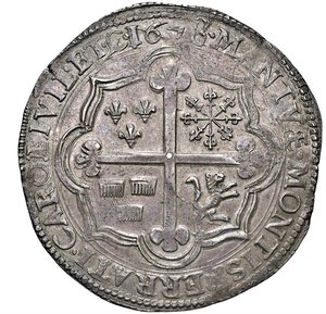 reverse: MANTOVA - FERDINANDO CARLO GONZAGA NEVERS (1669-1707) - Scudo 1678
Argento - 22,01 gr.
Dritto: Stemma bipartito d¿Absburgo e Gonzaga; nel giro interno della corona, il monte Olimpo; - Rovescio: Croce trilobata, accantonata da gigli di Francia, rosa di Nevers, pettini di Réthel e leone di Charleville, il tutto entro cornice d¿archi. 
MIR 729/2   Raro
Esemplare di qualità inusuale, con bella patina e dal modulo ampio e regolare.
Ottimo SPL-FDC
Ex Astarte XX, del 30 ottobre 2009, lotto 314