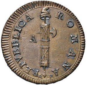 obverse: ANCONA - PRIMA REPUBBLICA ROMANA (1798 - 1799) - 2 baiocchi, I tipo
Rame - 15,77 gr.
Dritto: Fascio con scure e pileo a destra; a sinistra A, in basso A / P. - Rovescio: Iscrizione tra rami di quercia legati insieme da fiocco.
Gigante 3 Raro
Ottimo esemplare per una tipologia.
SPL-FDC